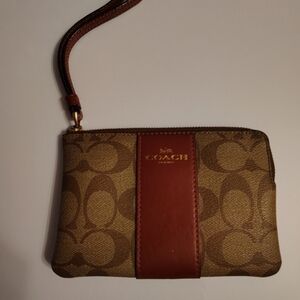 Coach Signature Brown and Tan With Burgundy Wristlet